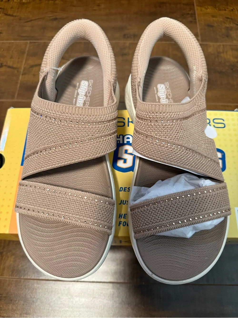 NWT Skechers Open-Toe Knit Strap Sandals in  Taupe with Crystals